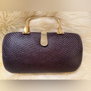 Vintage Elegant Brown Woven Clutch with Gold Accents